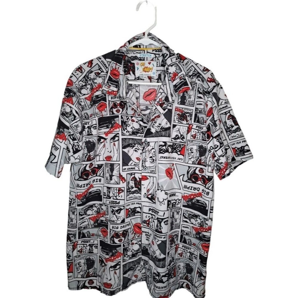 80s 90s Retro Drill Pop Art Comic Strip White Men  Shirt Short Sleeve Stretch